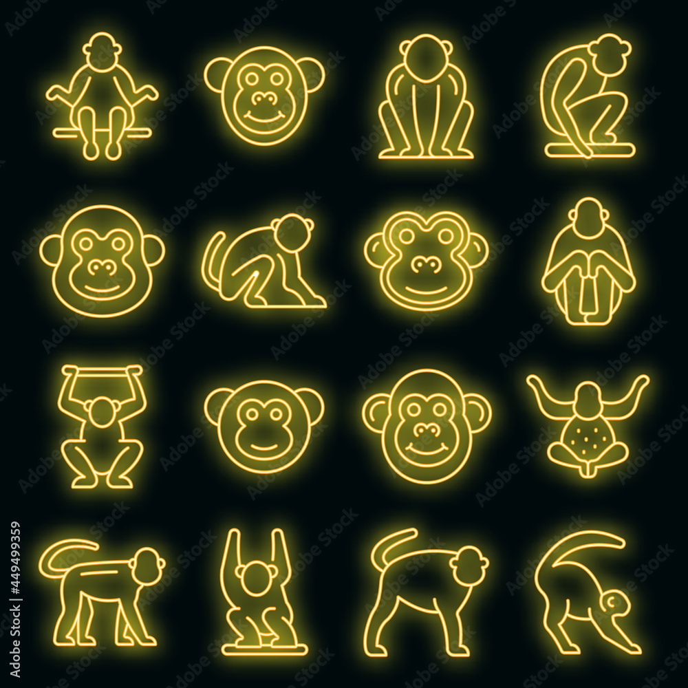 Gibbon icons set. Outline set of gibbon vector icons neon color on black Gibbon icons set. Outline set of gibbon vector icons neon color on black