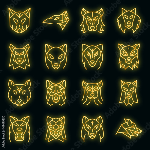 Wolf icons set. Outline set of wolf vector icons neon color on black