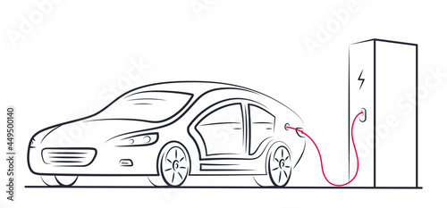 Electric car at charging station with connected cable on white background. Electric car concept.