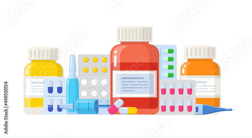 Medicine bottle, capsules and tablets, coronavirus vaccine, syringe with needle. Immunization concept. Pharmaceutical drug set.