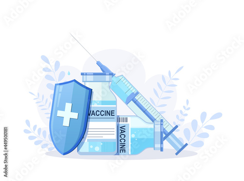 Vial with vaccine and syringe against virus. Vaccination coronavirus covid-19. Antiviral protective concept, immunity shield.