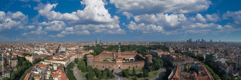 Panorama Castello Sforzesco aerial view. The residence of the Sforza dynasty of Milan in the center of Milan. Top view of Sforzesco castle in Milan Italy. The main Italian castle in Milan.