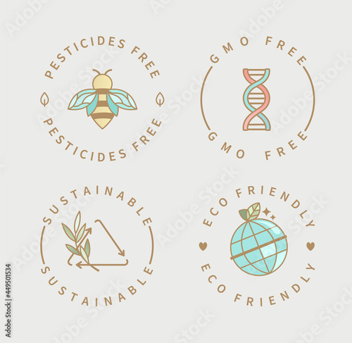 Set of logo for pesticides and gmo free, sustainable and eco friendly product. Icons,labels for menu, packaging,packing, cosmetology, production.Vector illustration in flat style.