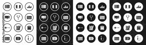 Set Music equalizer, Musical tuning fork, Video recorder editor software on monitor, tape player, synthesizer, Stereo speaker, Guitar amplifier and Banjo icon. Vector