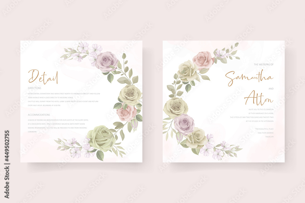 Soft floral and leaves wedding invitation card design