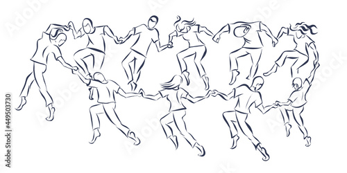 vector outline drawing of ten young people dancing in circle holding by hands