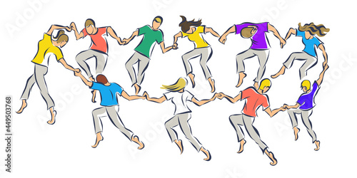 vector drawing of ten young people dancing in circle holding by hands