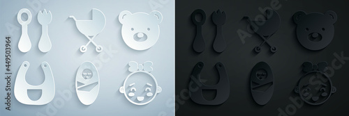 Set Newborn baby infant swaddled, Teddy bear plush toy, Baby bib, Happy little girl head, stroller and cutlery with fork and spoon icon. Vector