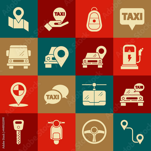 Set Route location, Taxi car, Electric charging station, Car key with remote, Map pointer taxi, Folded map marker and icon. Vector