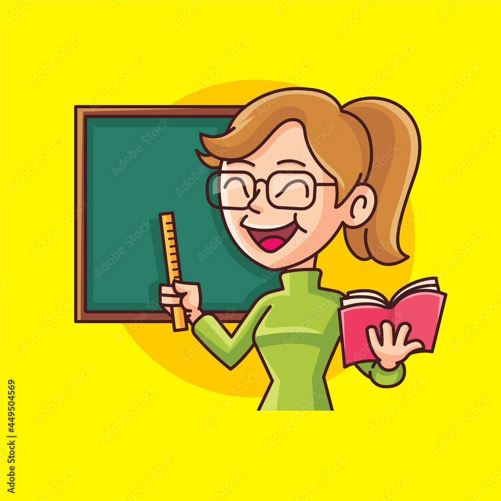 Online Education learning class. Cartoon cute female teacher holding book  and pointing to blackboard with ruler. Back to school. Stock Vector | Adobe  Stock