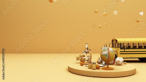 back to school ,inspiration, poster with educational equipment and school bus. 3d rendering animation loop