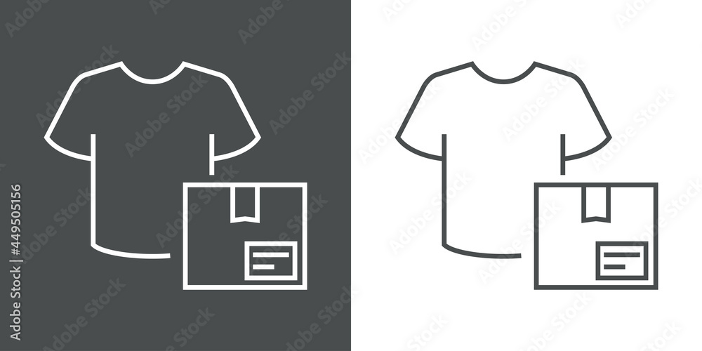 Envio de ropa. Icono plano caja de cartón con camiseta con lineas en fondo gris y fondo blanco Envio de ropa. Icono plano caja de cartón con camiseta con lineas en fondo gris y fondo blanco