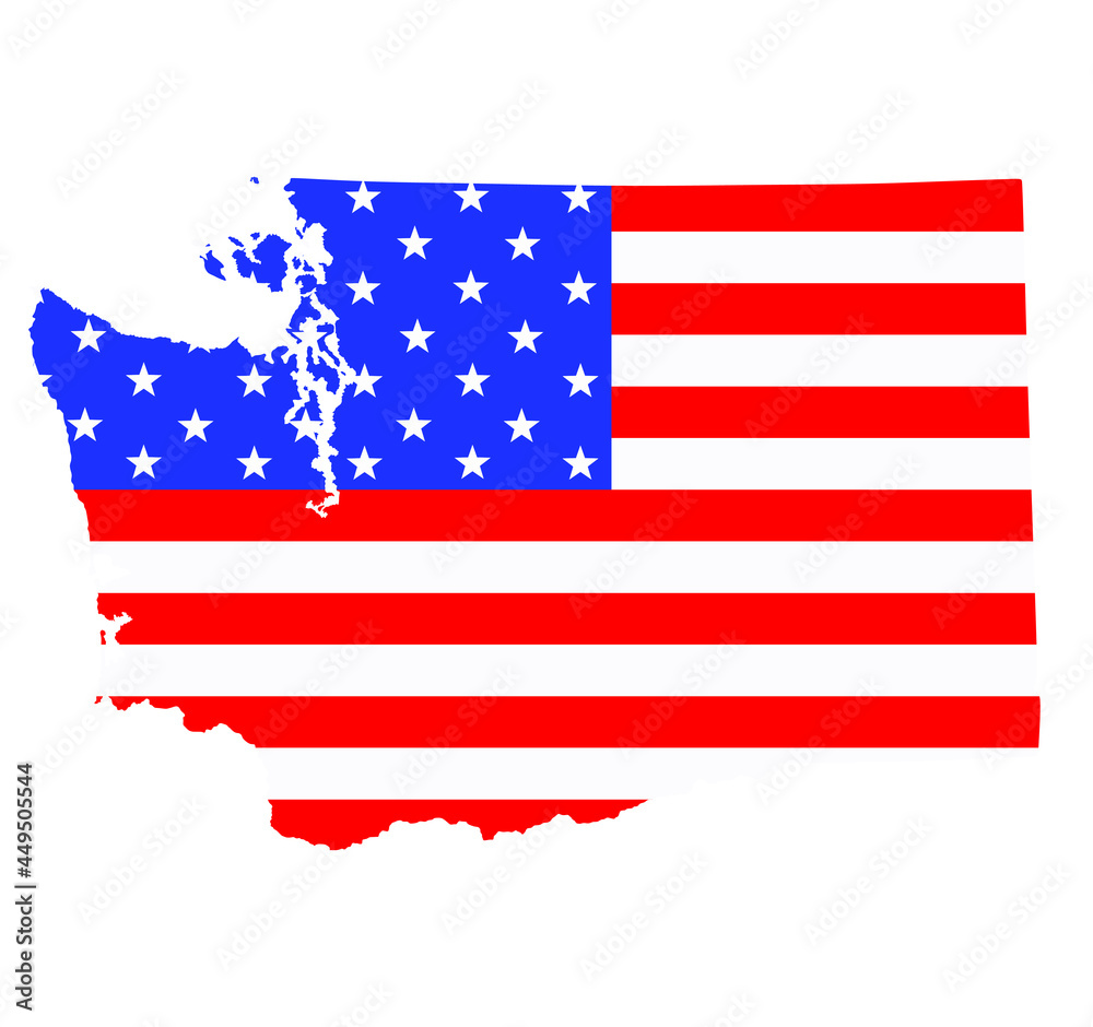 Washington state map vector silhouette illustration. United States of America flag over