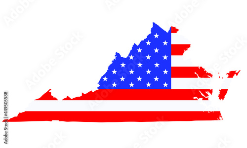Virginia state map vector silhouette illustration. United States of America flag over Virginia map. USA, American national symbol of pride and patriotism. Vote election campaign banner.