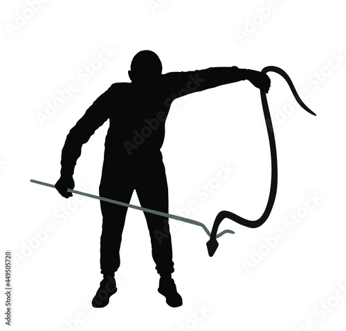Brave man catching snake with stick vector silhouette illustration isolated on white background. Poison snake control. Deadly venom snake serpent catch for medicine pharmacy. Removal danger intruder.