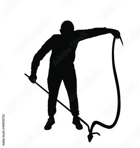 Brave man catching snake with stick vector silhouette illustration isolated on white background. Poison snake control. Deadly venom snake serpent catch for medicine pharmacy. Removal danger intruder.
