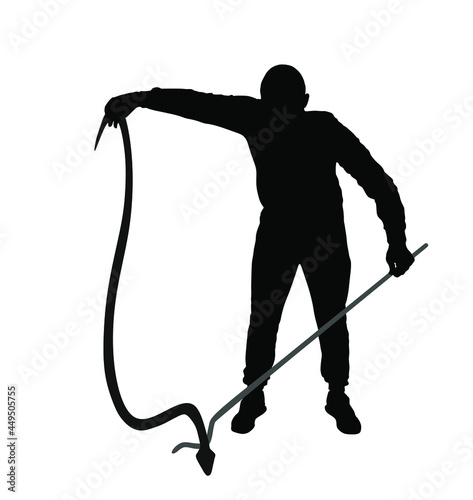 Brave man catching snake with stick vector silhouette illustration isolated on white background. Poison snake control. Deadly venom snake serpent catch for medicine pharmacy. Removal danger intruder.