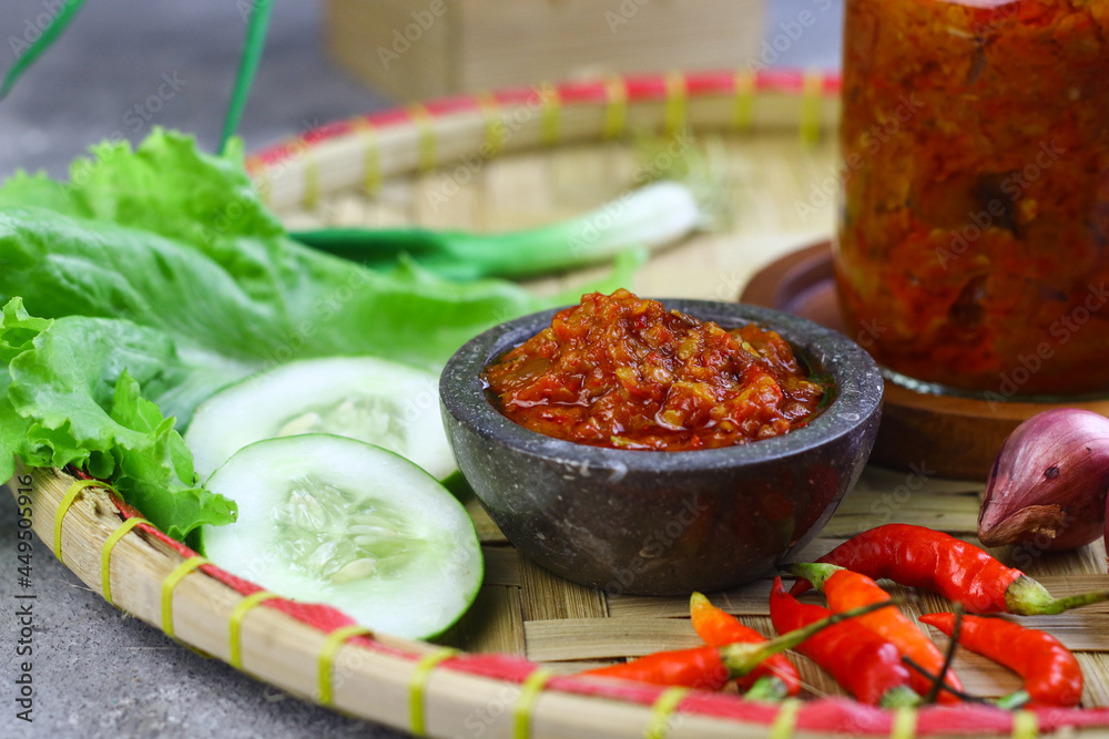 Sambal Terasi Masak or Indonesian traditional chili paste, made from chilies, tomato, garlic, shallot and some spices. 