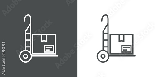 Símbolo almacenaje. Icono caja de cartón en carretilla de mano con lineas en fondo gris y fondo blanco