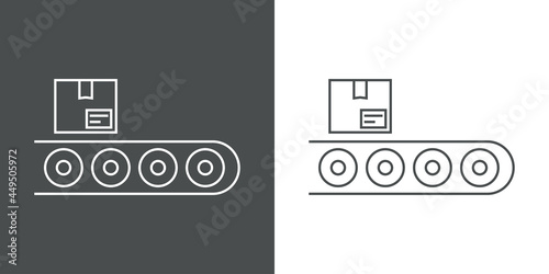 Icono plano caja de cartón en cinta transportadora con lineas en fondo gris y fondo blanco