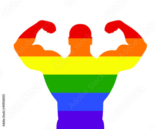 Gay flag over man muscular bodybuilder vector silhouette illustration isolated on background. Sport homosexual boy strong arms. Body builder athlete show muscles. Rainbow flag, LGBT colorful symbol.