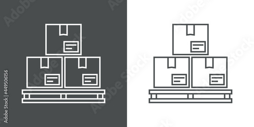 Símbolo almacenaje. Icono plano con cajas de cartón en palé de madera con lineas en fondo gris y fondo blanco