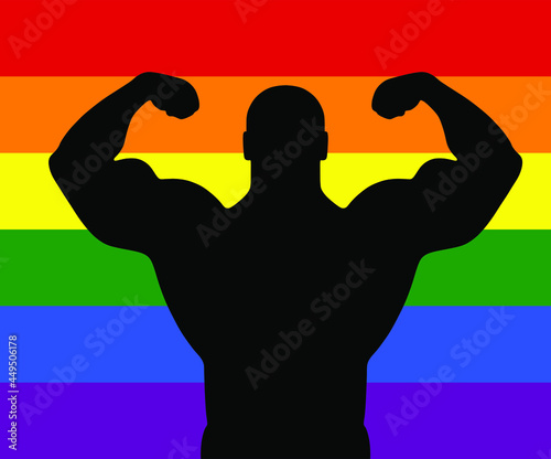Gay flag background behind man muscular bodybuilder vector silhouette illustration. Sport homosexual boy strong arms shadow. Body builder athlete show muscles. Rainbow flag, LGBT colorful symbol.