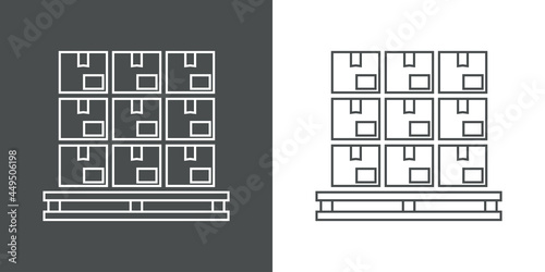 Símbolo almacenaje. Icono plano con cajas de cartón en palé de madera con lineas en fondo gris y fondo blanco