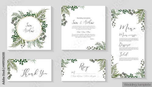 Vector herbal wedding invitation template. Different herbs, green plants and leaves, unripe berries, round gold frame. All elements can be isolated.