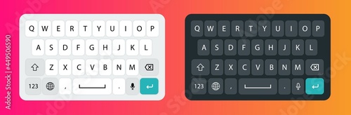 Smartphone keyboard in light and dark mode. Keypad alphabet buttons in modern flat style. Screen smartphone keyboard with black and white colors.