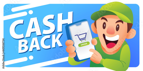 Cartoon delivery man wearing uniform and cap is holding a smartphone to show online order app and receive cash back point. Web banner template