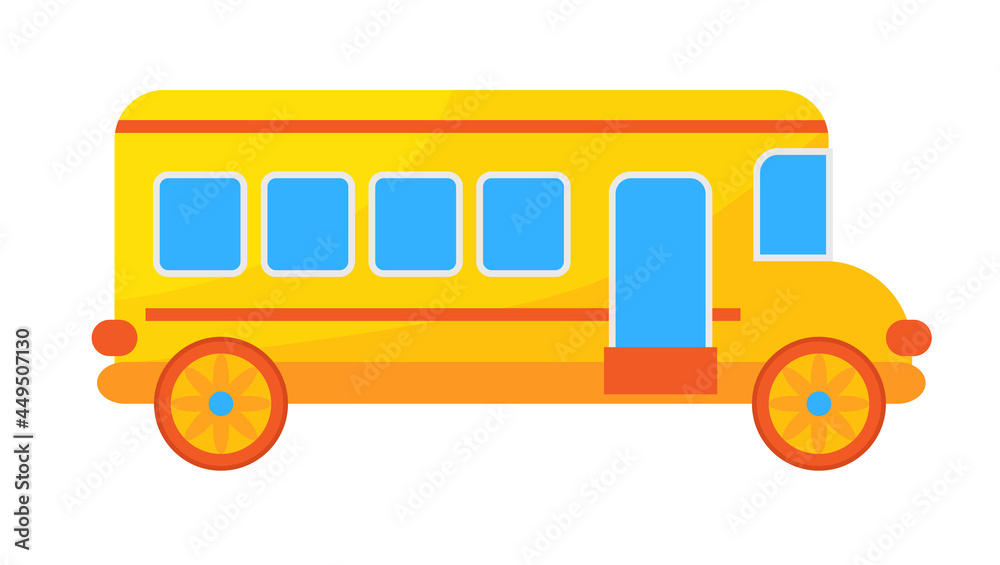 Bright yellow school bus on a white background with floral wheels