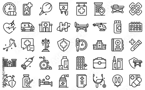 Hospitalization icons set outline vector. Medical health. Bed insurance