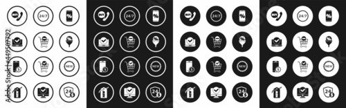 Set Percent discount and mobile, Remove shopping cart, Laptop, Phone speech bubble with Buy, Lead management, Clock 24 hours, Price tag New and Smartphone dollar icon. Vector