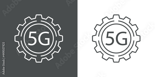 Logotipo de red inalámbrica o wifi de alta velocidad. Logo engranaje con texto 5G con olas con lineas en fondo gris y fondo blanco