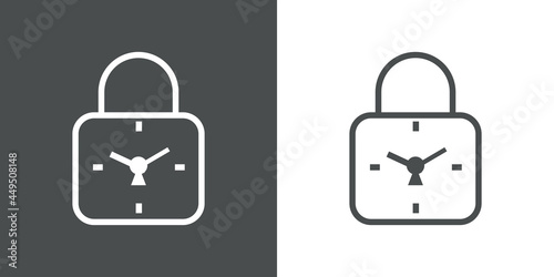 Logotipo esfera de reloj simple con forma de candado cerrado con lineas en fondo gris y fondo blanco