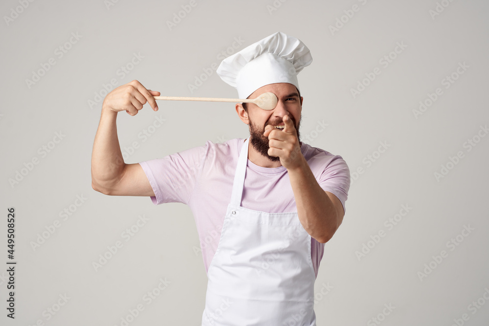 bearded man chef with a white cap on his head emotions work bearded man chef with a white cap on his head emotions work