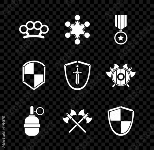 Set Brass knuckles, Police badge, Military reward medal, Hand grenade, Crossed medieval axes, Shield, and Medieval shield with sword icon. Vector