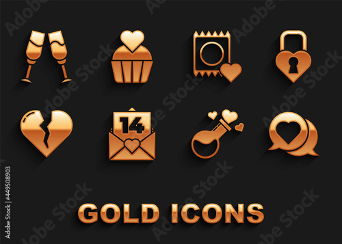 Set Envelope with Valentine heart, Castle the shape of, Heart speech bubble, Bottle love potion, Broken or divorce, Condom package, Glass champagne and Wedding cake icon. Vector