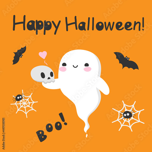 Halloween cute ghost love skull. kawaii spirit, skull, bat and spider on orange pumpkin background. stock vector cartoon illustration.