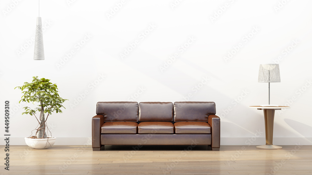 Modern living room interior with Leather sofa and empty white wall as a ...