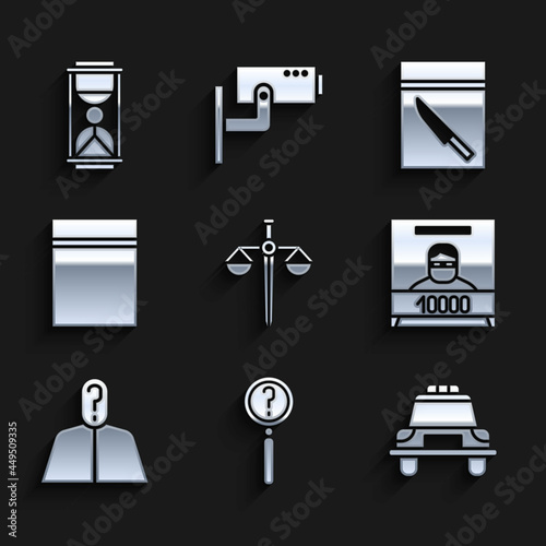 Set Scales of justice, Magnifying glass with search, Police car and flasher, Wanted poster, Anonymous question mark, Plastic bag ziplock, Evidence knife and Old hourglass sand icon. Vector