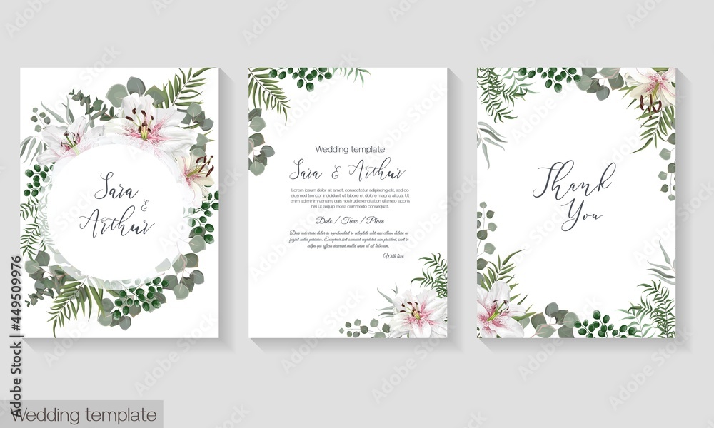 Greeting card for wedding invitation. White lilies, eucalyptus, elegant twigs, polygonal gold frame . Floral template for your text.