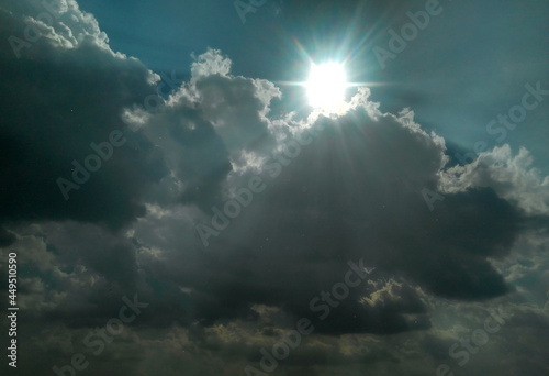 Sun rays shining in sky, cloudy background, nature photography, beautiful day scenery view