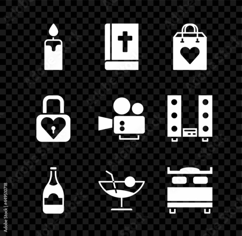 Set Burning candle, Holy bible book, Shopping bag with heart, Champagne bottle, Cocktail, Bedroom, Lock and Cinema camera icon. Vector
