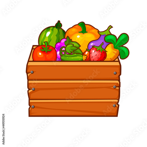 Wooden box with vegetables and berries for game ui.