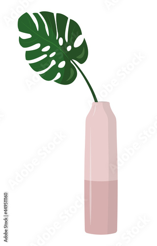 green monstera leaf in a pink vase isolated on a white background. Monstera in a flat style. Homemade flowers in the Scandinavian style. 
