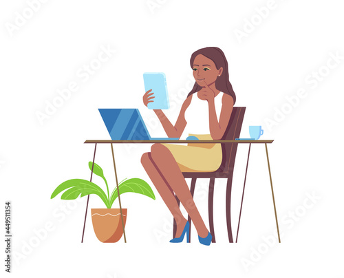 Beautiful african american woman sitting at a table with a laptop and a tablet. Clean workplace with gadgets for work. Confident businesswoman concept. Isolated flat vector illustration.