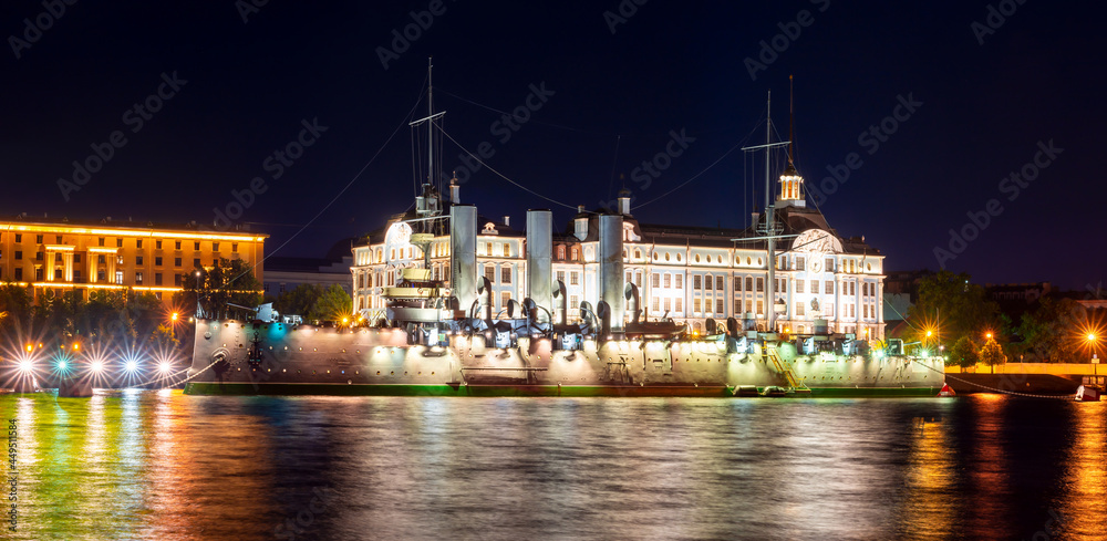 Aurora cruiser on Neva river at night, Saint Petersburg, Russia