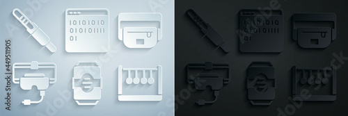 Set Energy drink, Waist bag of banana, Virtual reality glasses, Pendulum, Binary code and Audio jack icon. Vector